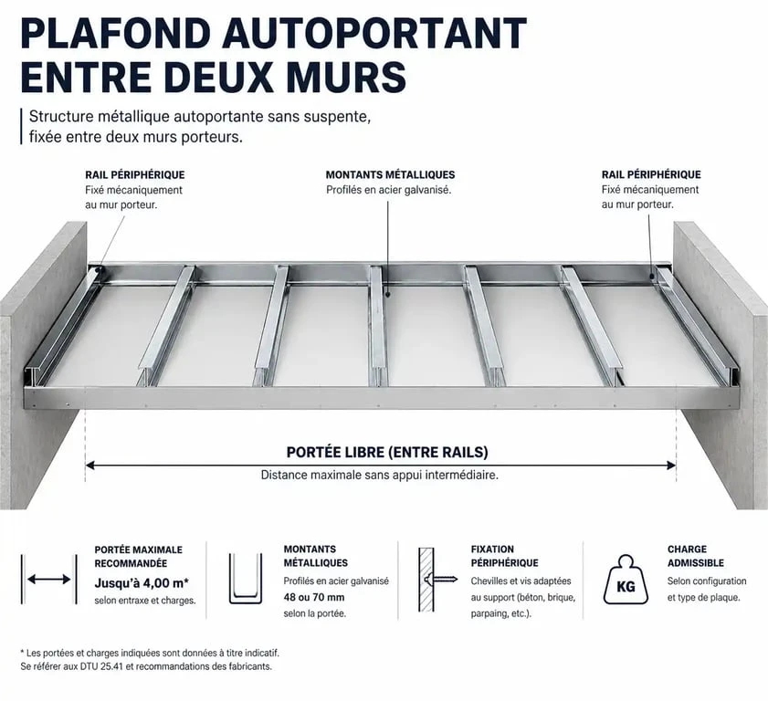 Schéma technique de la structure d'un plafond autoportant montrant la distance entre les murs et les montants