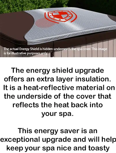 Shield-like graphic and text describing the energy shield upgrade for jacuzzi covers, featuring heat-reflective insulation that retains warmth and improves energy efficiency.