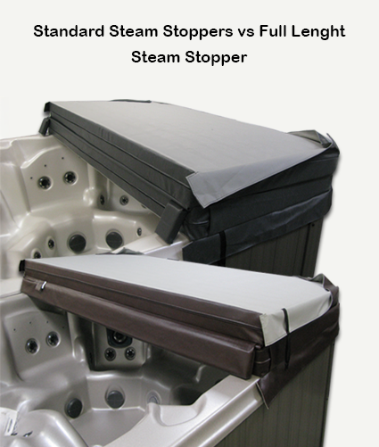 Comparison of standard steam stoppers versus the full-length steam stopper for hot tub covers, designed to reduce heat loss and improve energy efficiency.