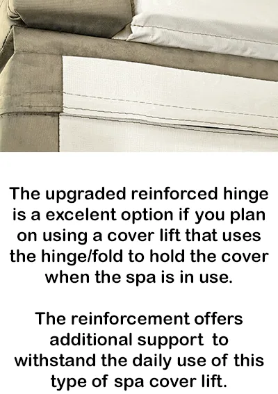 Explanatory image and text highlighting the reinforced hinge upgrade for jacuzzi covers, designed to provide extra support for cover lifts that rely on the hinge during the use.