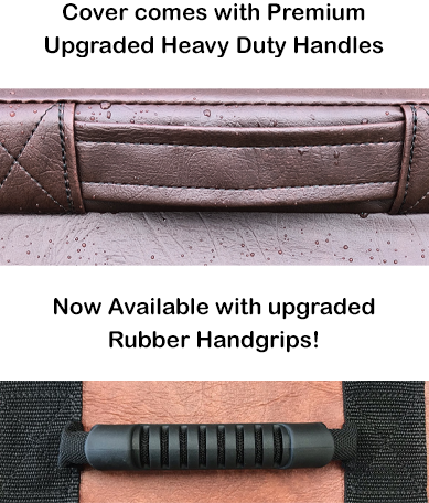 Comparison of two hot tub cover handle options: premium upgraded heavy-duty handles and new rubber handgrips for improved comfort and durability.
