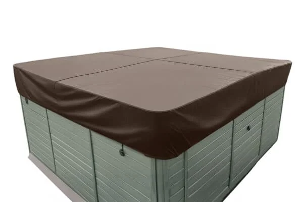 A brown spa cover cap fitted securely over a hot tub