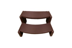 Plastic spa steps in brown color, designed for easy hot tub entry and exit