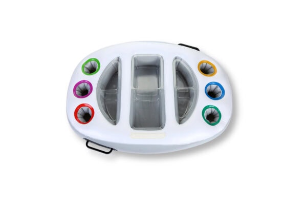 ProAqua inflatable floating tray with multi-colored cup holders for poolside or hot tub use