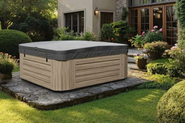 Hot tub cover on a hot tub placed on a stone patio in a landscaped garden outside a home.