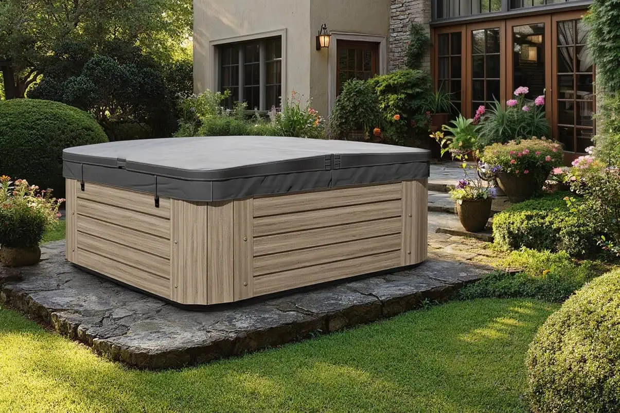 Hot tub cover on a hot tub placed on a stone patio in a landscaped garden outside a home.