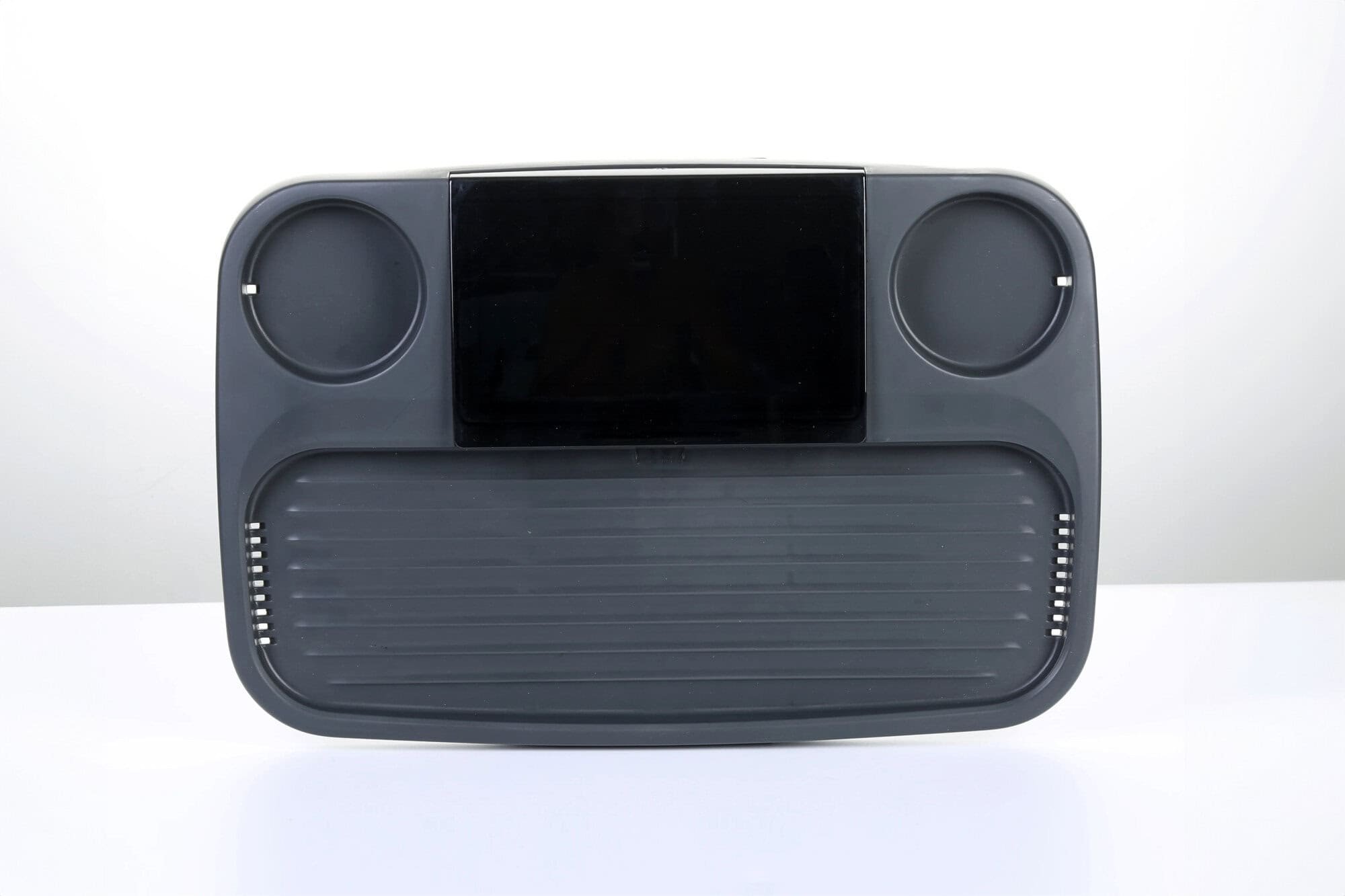 Top view of ProAqua black spa tray with cup holders and flat surface for drinks and snacks