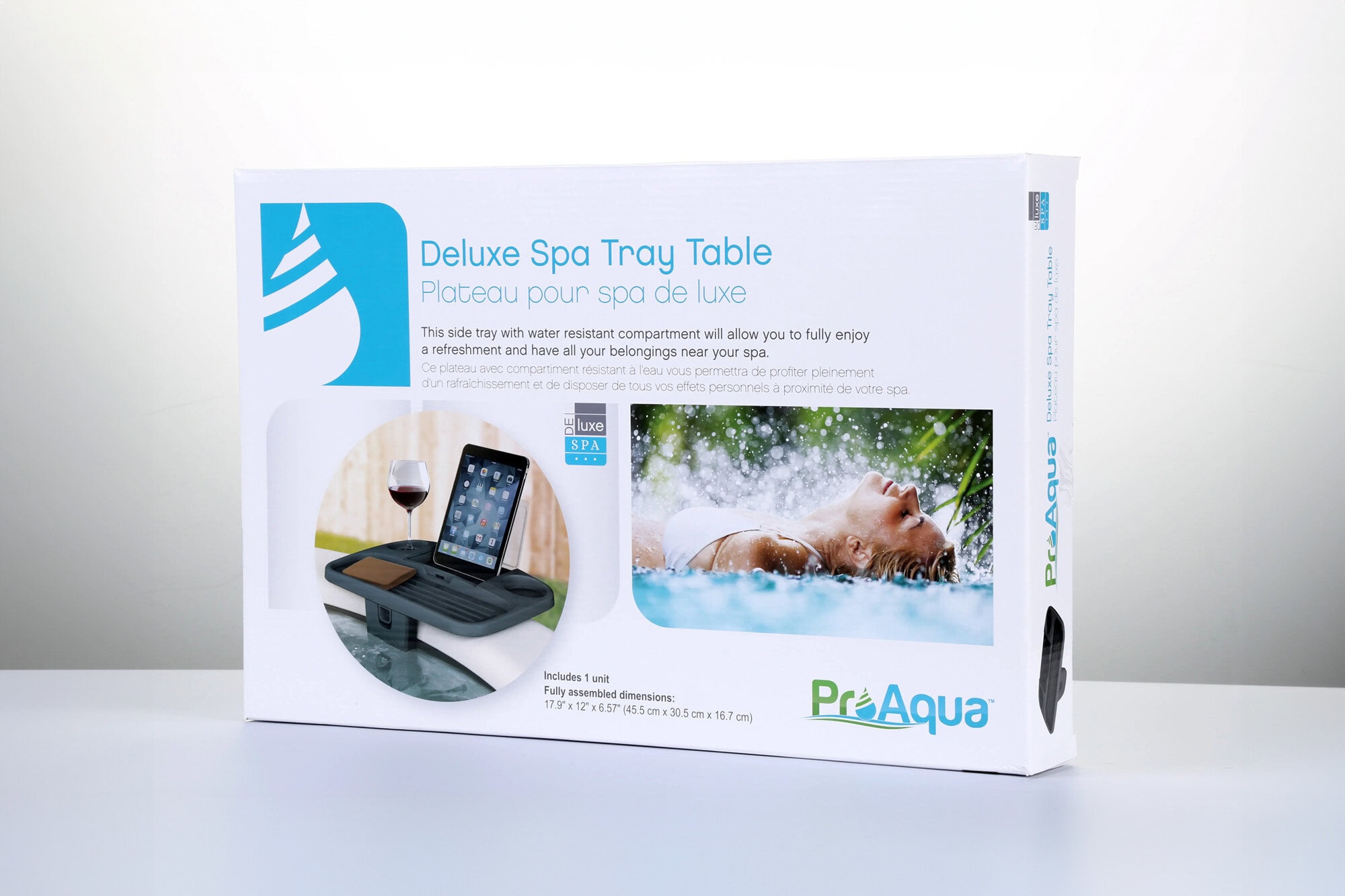 ProAqua Deluxe Spa Tray Table packaging, featuring water-resistant compartment and phone or tablet holder for spa use