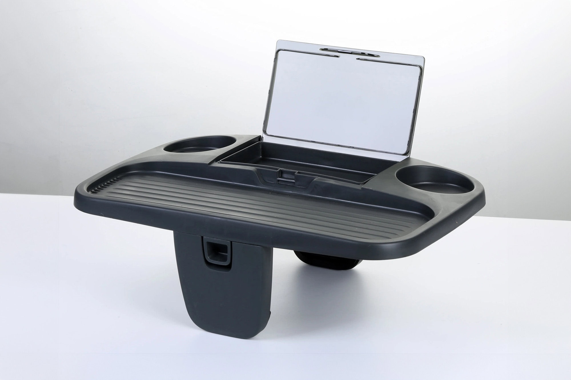 ProAqua black spa tray with open compartment, cup holders, and flat surface for drinks and snacks