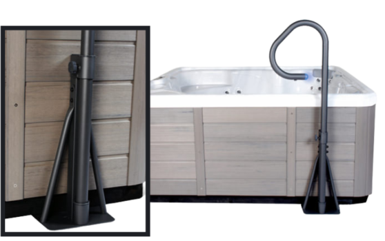 Spa handrail installation process showing mounted handrail next to a hot tub