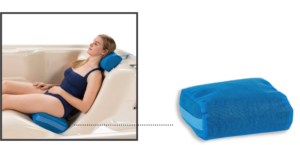 Spa seat cushion in use, providing comfort and support for neck and back in hot tub