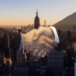 Partnership handshake over New York City skyline, symbolizing investment and collaboration in Houston EB5 projects.
