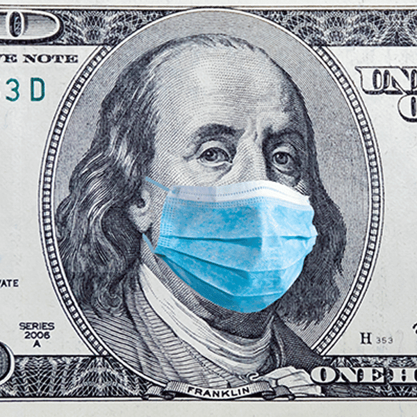 $100 bill with a person wearing a medical mask, symbolizing financial security and health awareness in Houston EB5 investment opportunities.