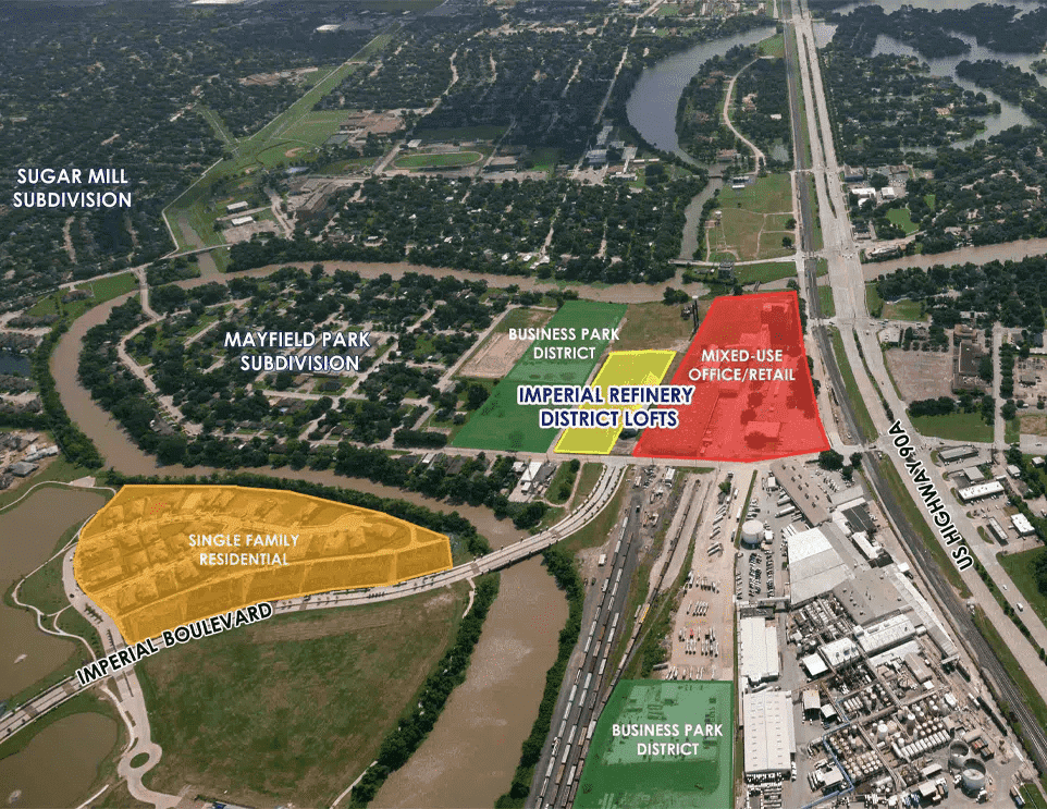Sustainable Houston EB5 development project highlighting mixed-use office/retail and district lofts in a prime industrial area.