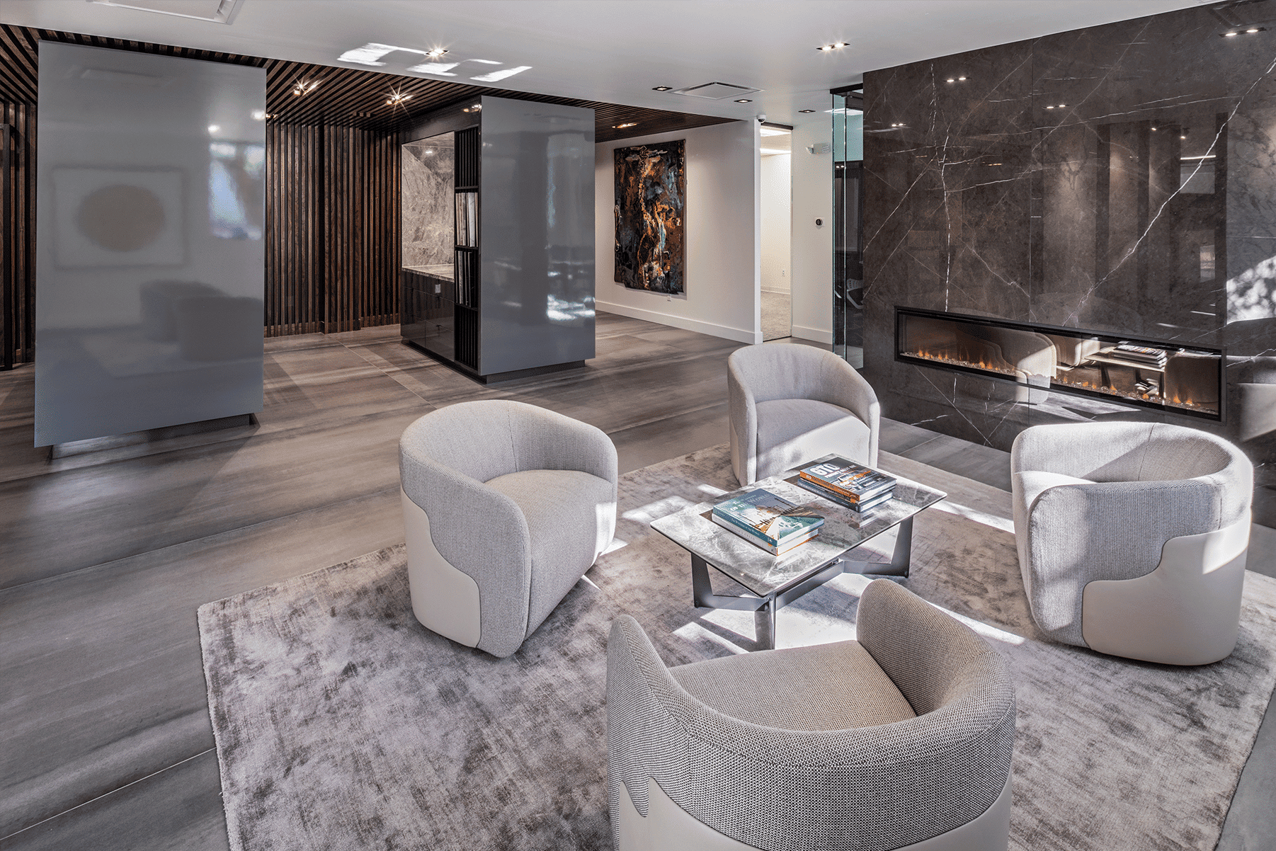 Luxury modern hotel lobby with contemporary seating area and sleek fireplace for Houston EB5 investment opportunities.