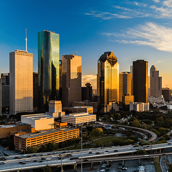 Modern Houston skyline showcasing downtown skyscrapers and urban development for EB5 investment opportunities in Houston.