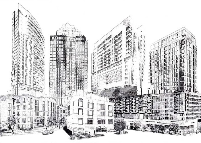 High-rise downtown Houston skyline sketch, highlighting modern urban architecture and skyscrapers, emphasizing Houston EB5 investment opportunities and real estate development.