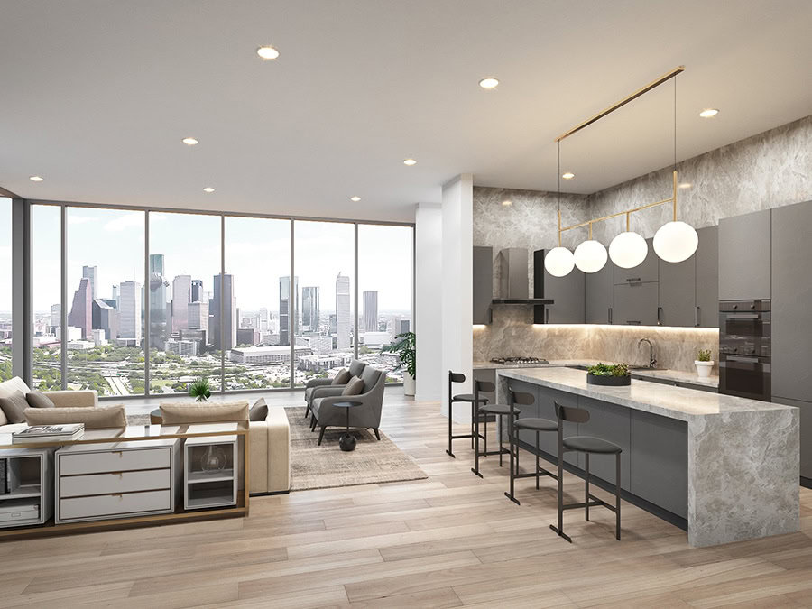 Modern high-rise apartment living room with panoramic Houston skyline view, stylish interior, and open kitchen for EB5 investment opportunities in Houston.
