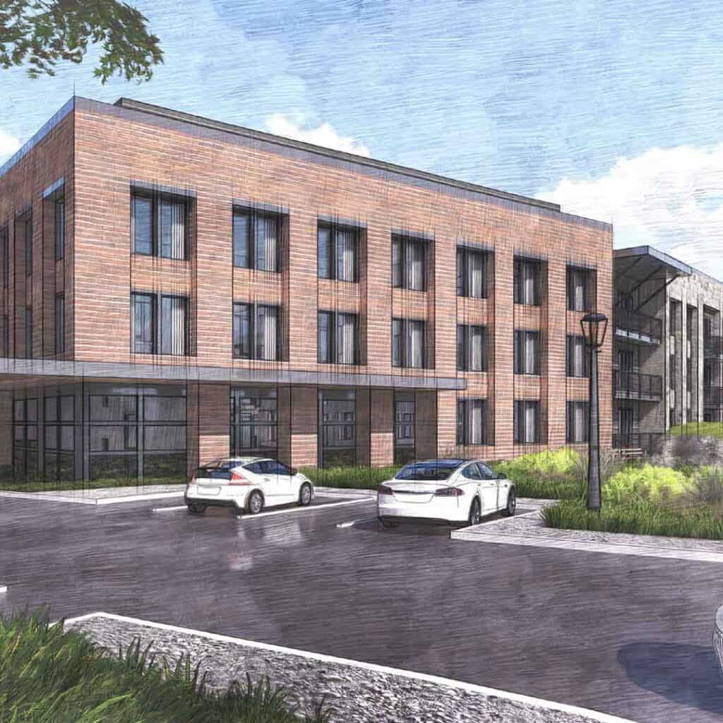 Modern Houston EB5 multifamily apartment complex render with parking lot and landscaped surroundings, promoting investment opportunities in Houston real estate.