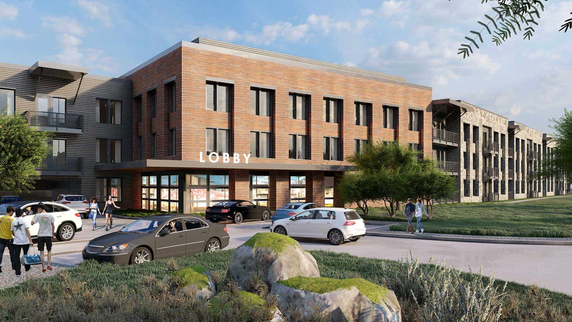 Modern urban residential building with a lobby entrance in Houston, featuring contemporary architecture, parking lot, and landscaped surroundings.