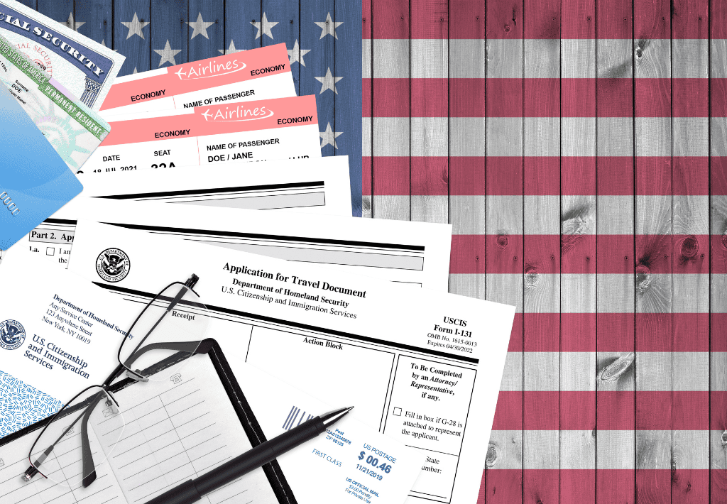 EB5 visa investment program in Houston, Texas with immigration application documents, airline tickets, and American flag background, promoting U.S. citizenship through EB5 immigration.