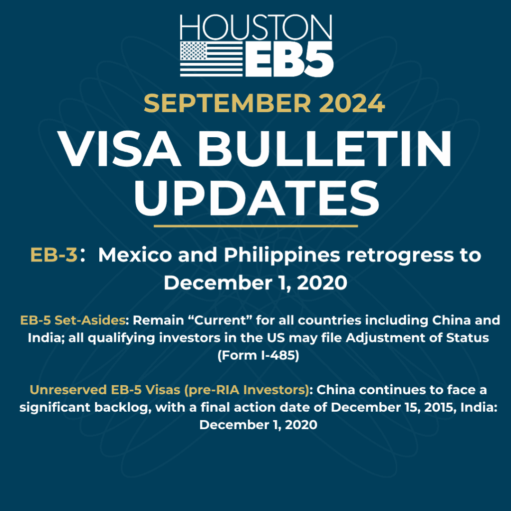 EB5 visa program Houston, EB5 investment opportunities Houston, US immigration news Houston, Texas EB5 updates, Houston EB5 visa bulletin September 2024.