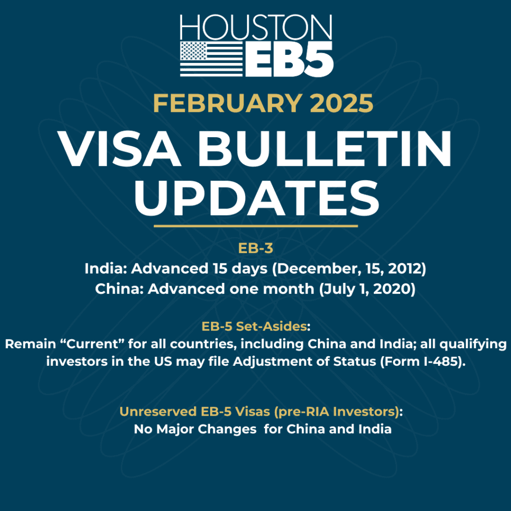Visa bulletin updates for Houston EB5 program February 2025, including India and China priority dates, EB-5 set-asides, and pre-RIA investor visa information.
