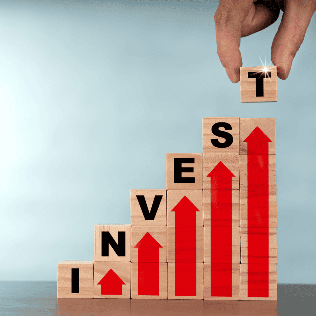 Investment opportunity for Houston EB5 visa program showing ascending wooden blocks with arrows and letters Houston EB5.