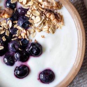 a bowl of instant pot yogurt with blueberries and muesli