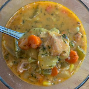 a bowl of salmon chowder.