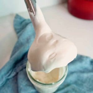 An immersion blender after blending mayonnaise.