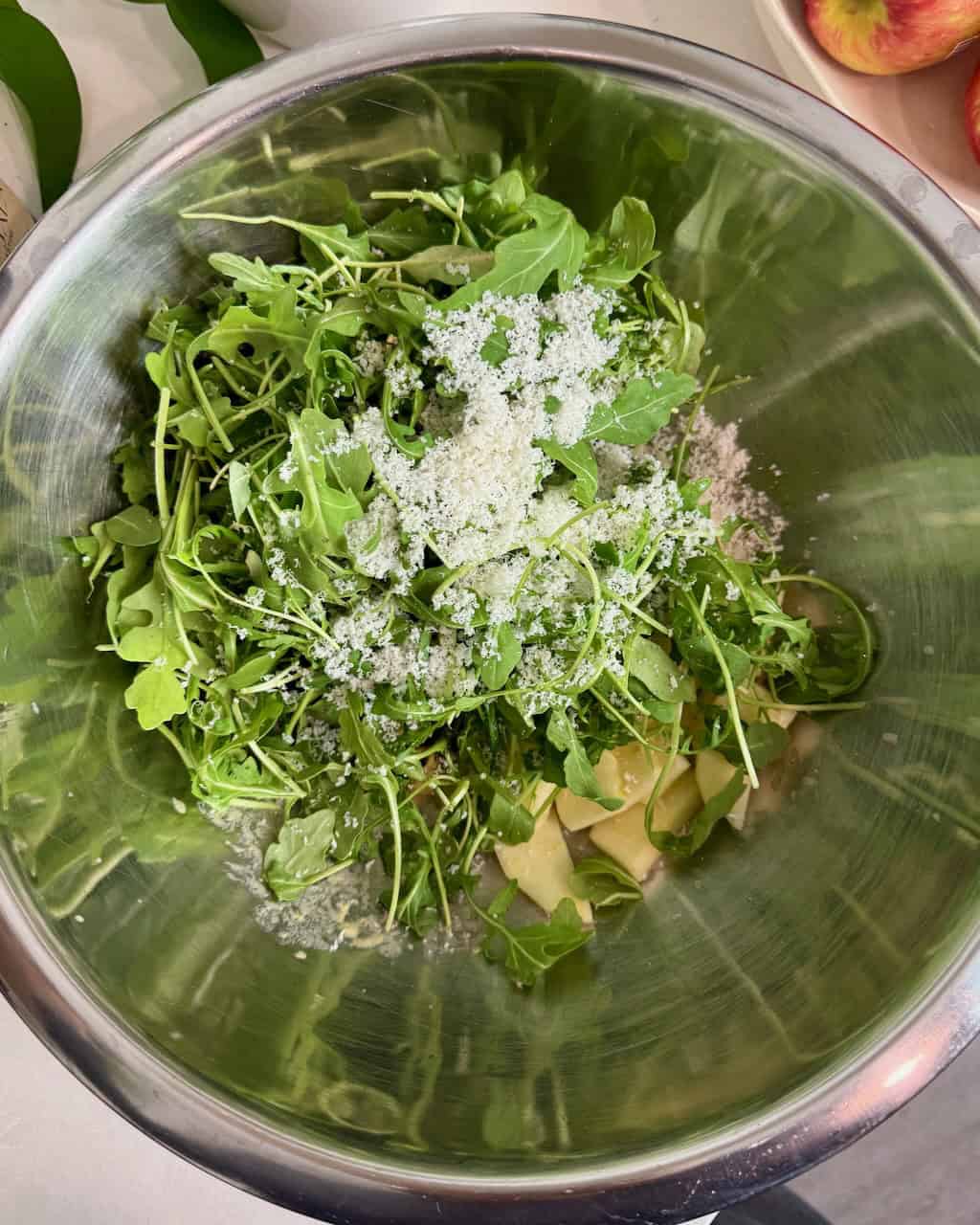 Arugula salad ingredients ready to toss.