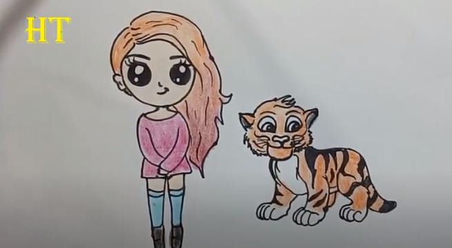 How To Draw Girl with A Tiger Cute