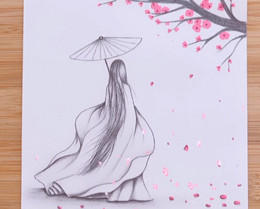 How to draw a girl under cherry blossom tree || Easy to Draw Japanese Girl with Kimono