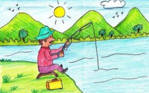 How to draw a man fishing step by step