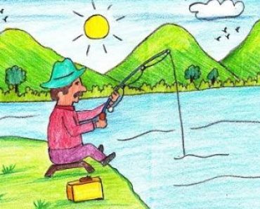 How to draw a man fishing step by step | Easy to draw landscape and old man fishing