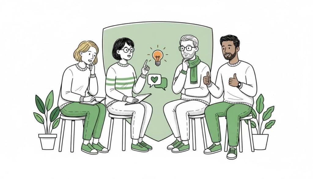 Deltagere i kreativ brainstorm med grønne elementer, ideer og samarbejde.