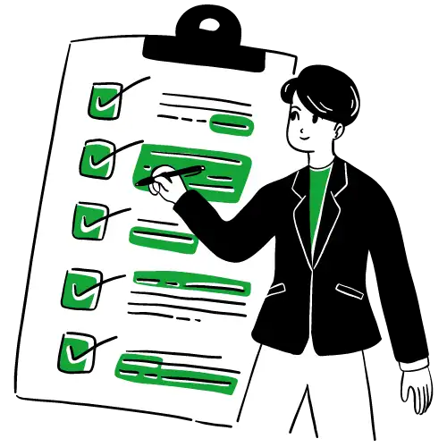 Checkliste med grønne krydsmarkeringer og en person, der foretager evaluering.