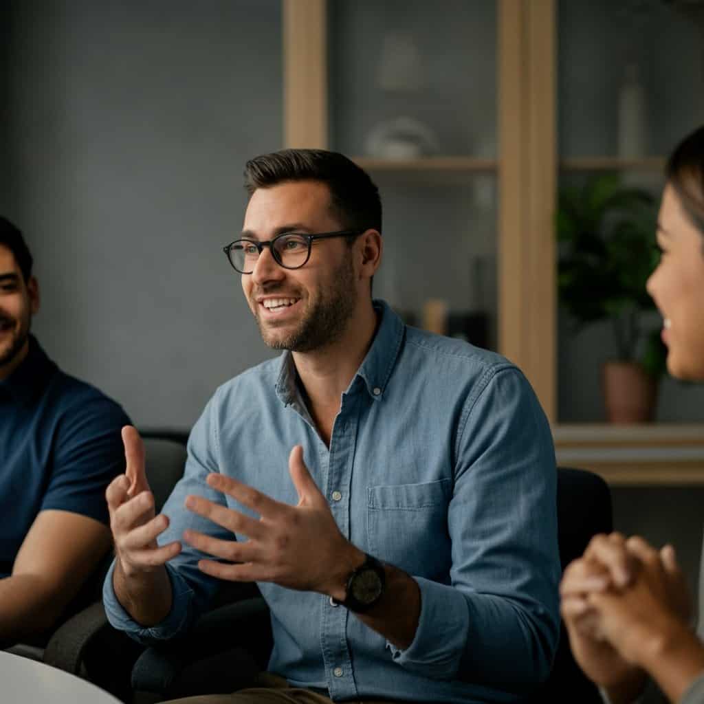Konsulenttalende i møde, professionel erhvervsrådgivning, teamdiskussion, samarbejde, forretningsudvikling.