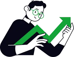 Økonomisk vækst og succes illustreret med stigende graf og glad person.