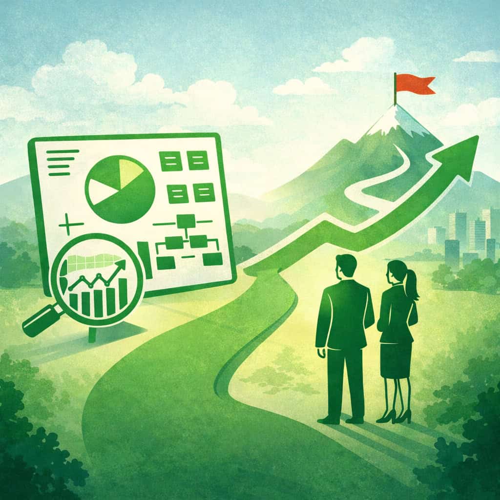 Optimer din forretningsudvikling med dataanalyse og vækstplaner. To personer ser mod en stigende gra.