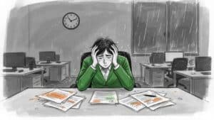 Stresset kvinde med hovedpine på kontoret, omgivet af papirer og computere.