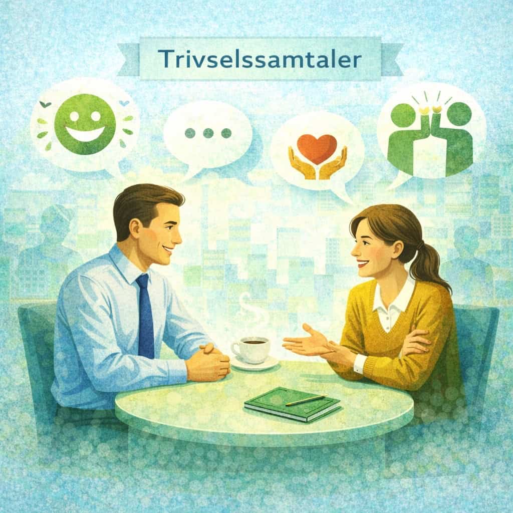 To personer i samtale om medarbejdertrivsel, smilende og engagerede.