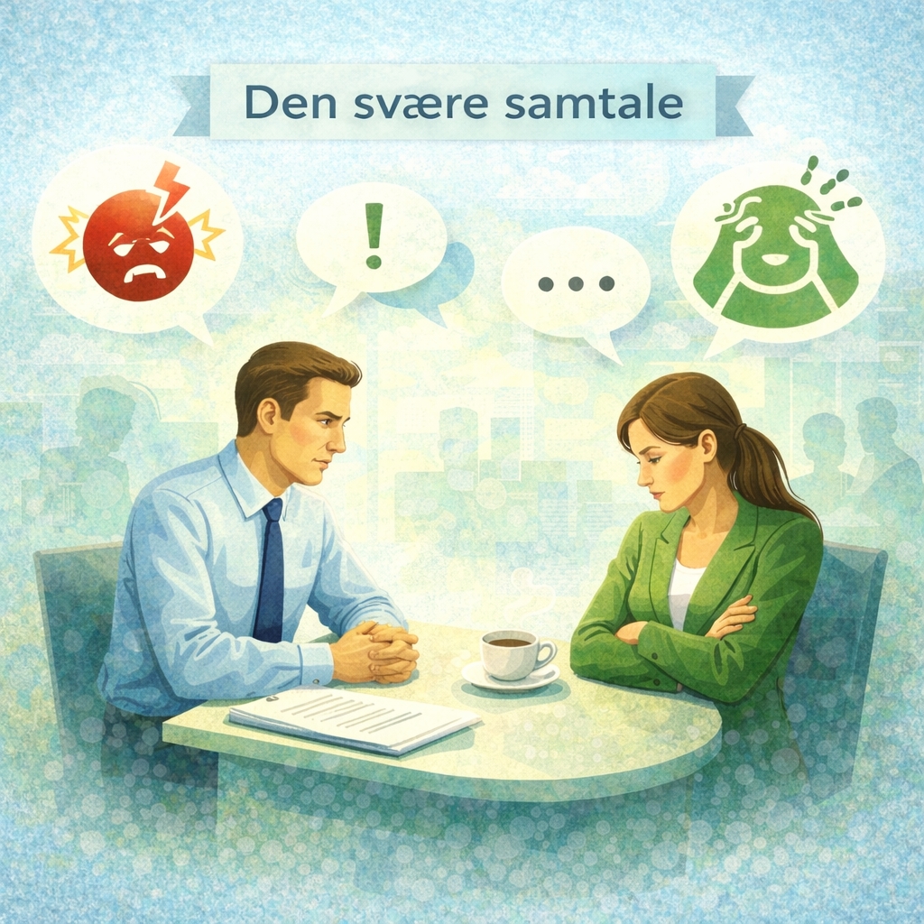 To personer i samtale om medarbejdersamtale, med symboler for følelser og kommunikation.