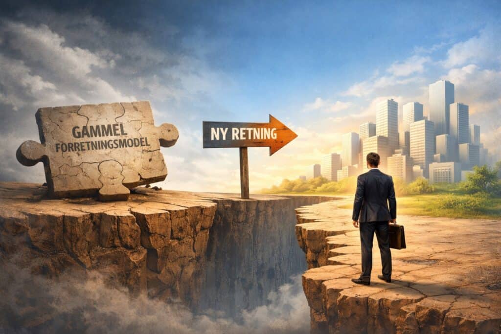 Mand står ved kløft med gammel forretningsmodel og ny retning mod moderne by.