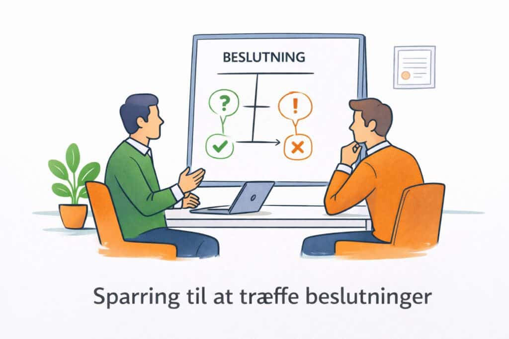 To personer i ledelsessparring diskuterer beslutninger foran en whiteboard.