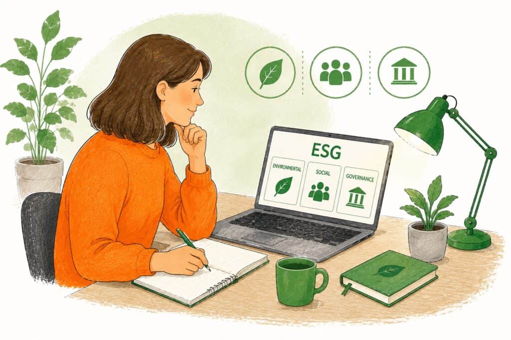 Bæredygtighed og ESG-rapportering: Kvinde arbejder med miljøvenlige strategier.