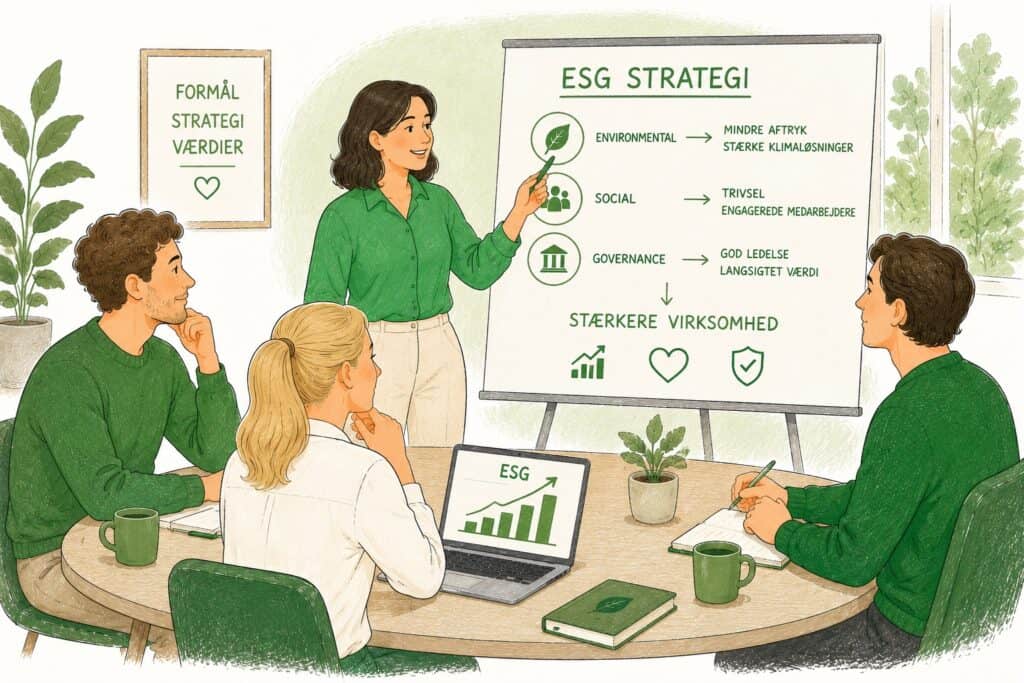 Bæredygtig forretningsstrategi med fokus på ESG og miljømæssige, sociale og ledelsesmæssige asp.