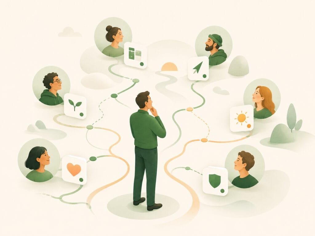 Illustration af ledere og medarbejdere i generationsledelse og samarbejde.