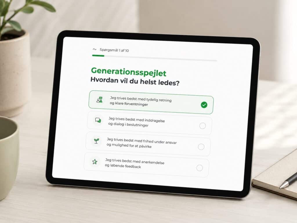 Digital tablet med spørgeskema om generationsledelse på skrivebordet.